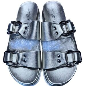 J/Slides Sandals Womens 8 Leather Metallic Platform Buckle Slides Artsy Y2K